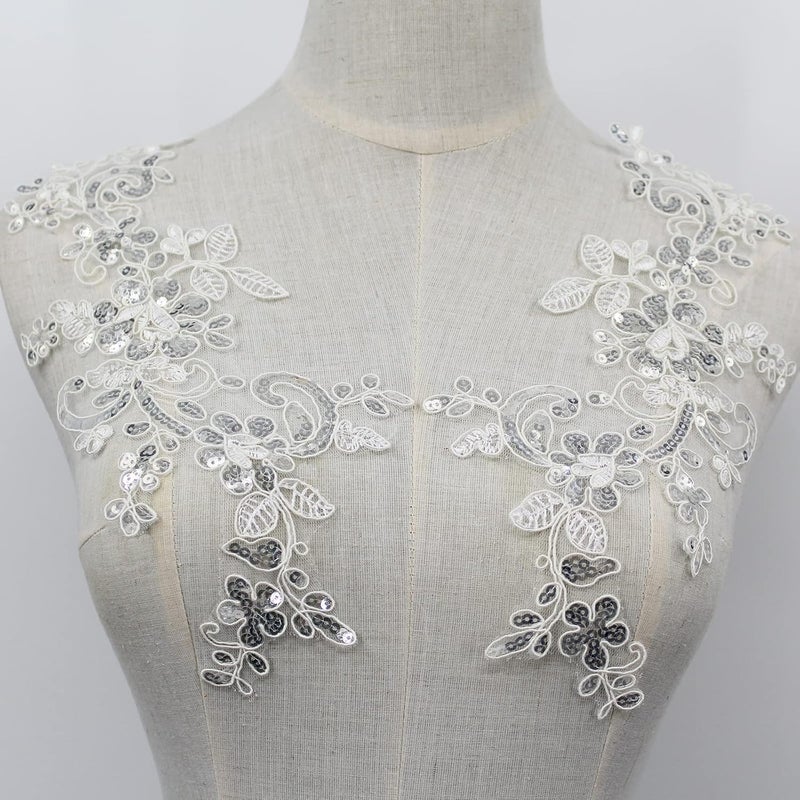 SEMCICOR Pair of Embroidery Sequin Lace Applique Fine Lace Fabric Patches Embroidered Trim Applique Motif Wedding Gown Dress Bridal DIY Crafts - Image 1
